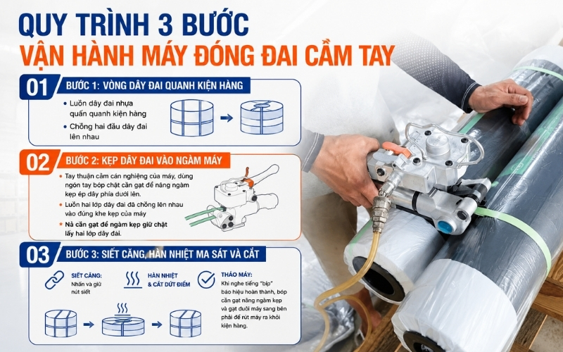 Quy trình 3 bước vận hành máy đóng đai cầm tay 